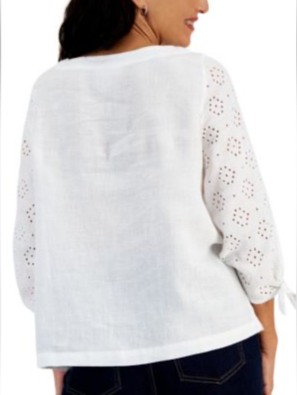 New 100% Linen Charter Club Luxury White Eyelet Tie-Sleeve Blouse Size XS - Picture 3 of 10